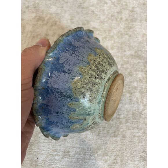 Beautiful Handmade Amber Blue Pottery Bowl Scalloped Edge - Picture 2 of 6
